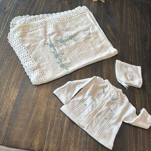 Handcrafted Vintage Baby Set - white Creamy color and knitted floral accent Blue